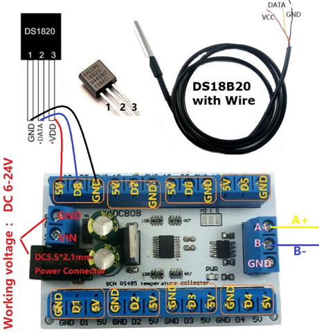 Mạch đọc 8 cảm biến nhiệt độ DS18B20 qua RS485 Modbus RTU  (R4DCB08)