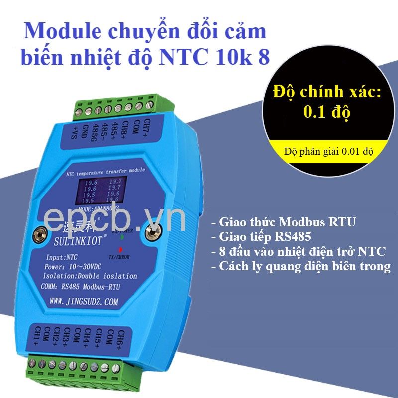 Module chuyển đổi cảm biến nhiệt độ NTC 10k 8 kênh sang RS485 ADAN8003