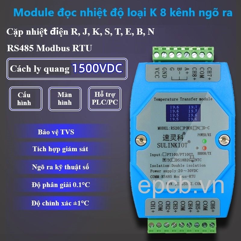 Module đọc nhiệt độ loại K 8 kênh RS20K-C ngõ ra RS485 Modbus RTU