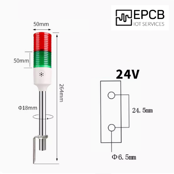 Đèn LED tháp 3 màu cảnh báo ánh sáng và âm thanh 24V