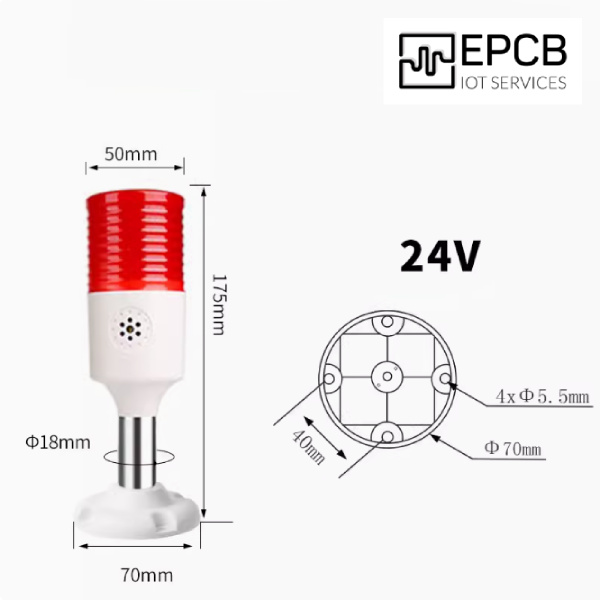 Đèn LED tháp 3 màu cảnh báo ánh sáng và âm thanh 24V