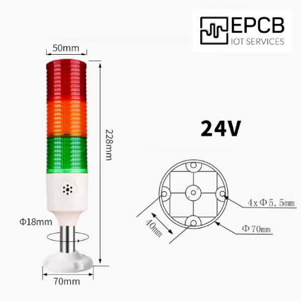 Đèn LED tháp 3 màu cảnh báo ánh sáng và âm thanh 24V