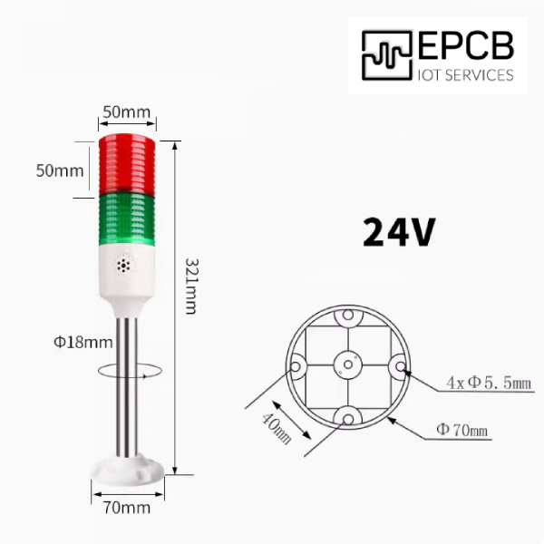 Đèn LED tháp 3 màu cảnh báo ánh sáng và âm thanh 24V