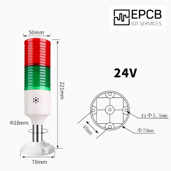 Đèn LED tháp 3 màu cảnh báo ánh sáng và âm thanh 24V