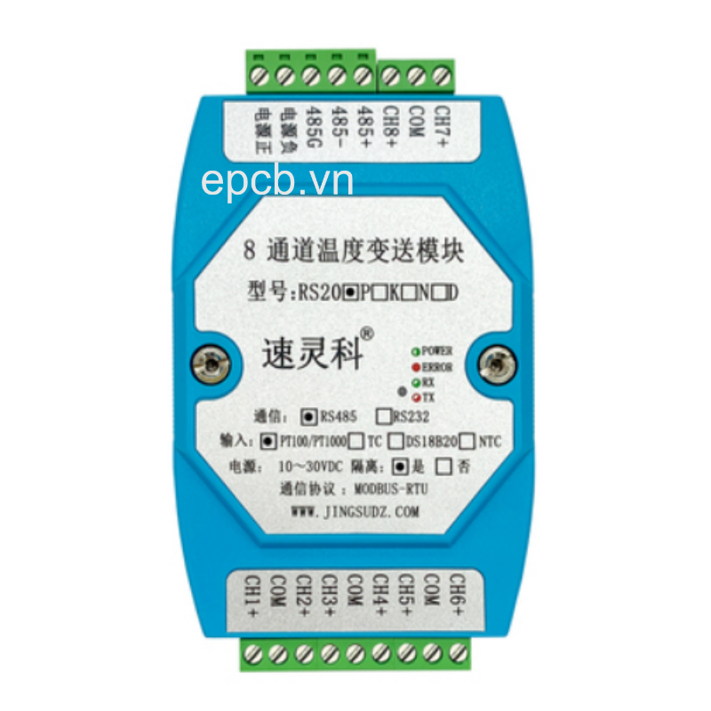 Module đọc nhiệt độ PT100 8 kênh ngõ ra RS485 Modbus RTU PT100-RS20P