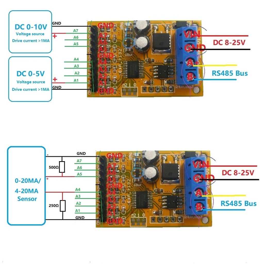 Mạch đọc điện thế 3 kênh (0-10V),  4 kênh (0-5V) ADC Modbus RTU kết nối PLC