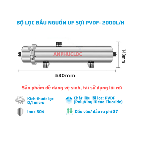 Bộ lọc đầu nguồn sinh hoạt UF2000L công suất 2000L/h công nghệ sợi PVDF cao cấp