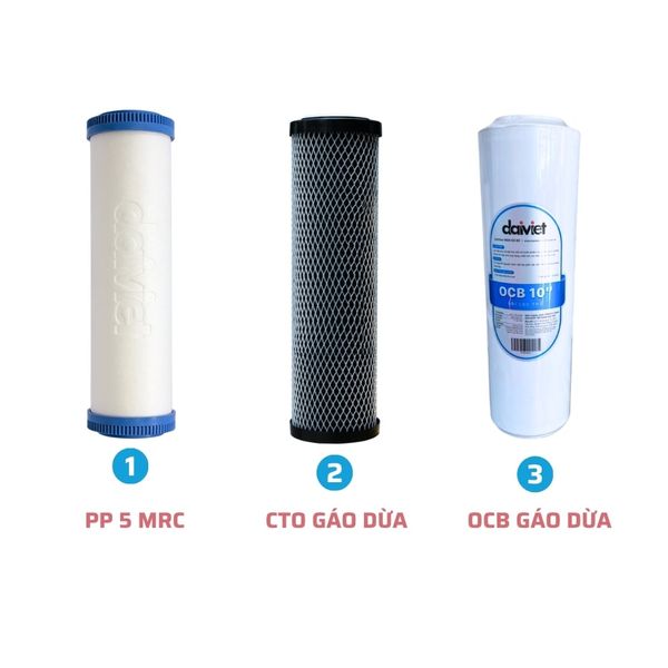 Bộ 3 lõi lọc nước 1,2,3 chính hãng Đại Việt cấu hình PP-CTO-OCB Loại 1 - Than hoạt tính gáo dừa