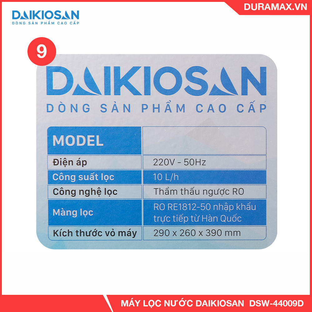 Máy lọc nước Ro đặt gầm không vỏ tủ Daikiosan DSW-44009D - 9 CẤP