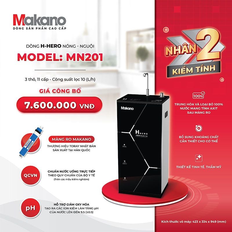 Máy lọc nước Makano H-Hero nhân 2 kiềm tính Nóng Nguội 2D MN201 - 11 cấp
