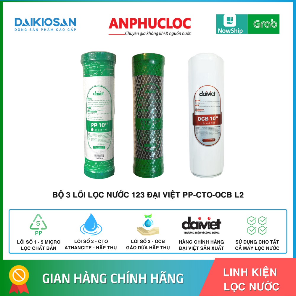 Bộ 3 lõi lọc nước 1,2,3 chính hãng Đại Việt cấu hình PP-CTO-OCB Loại 2 - Than Athancite