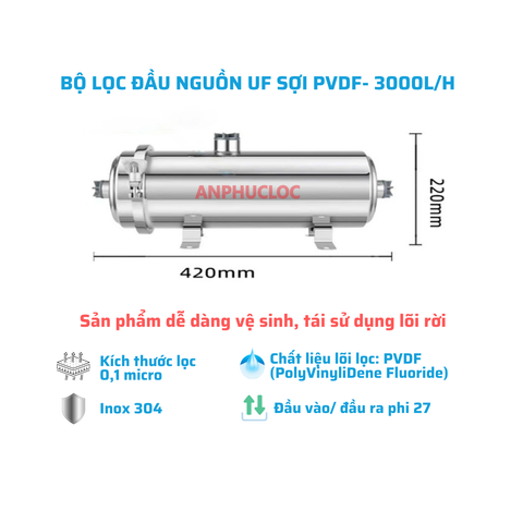 Bộ lọc đầu nguồn sinh hoạt UF3000L công suất 3000L/h công nghệ sợi PVDF cao cấp