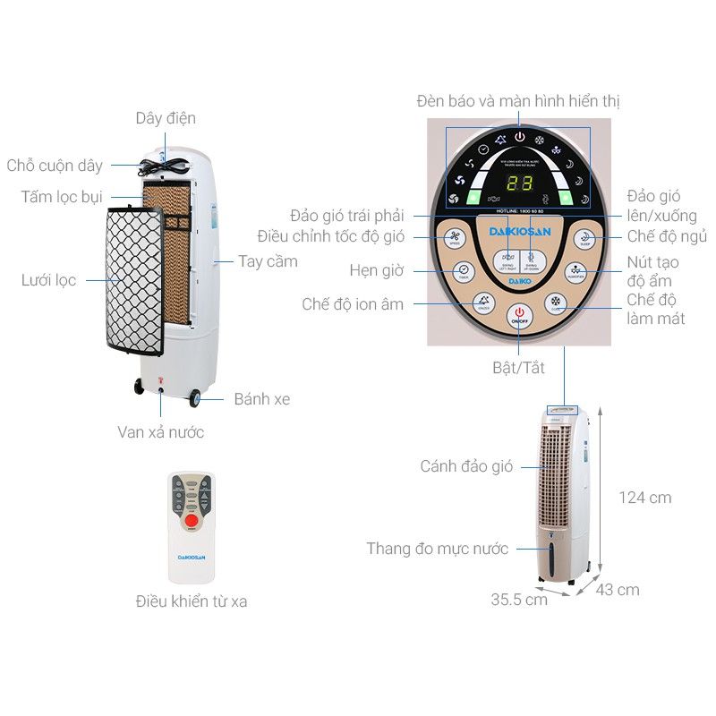 Máy làm mát Daikiosan DKA-02500B lưu lượng 2500 m3h 2 lồng quạt dùng cho phòng ngủ, phòng khách