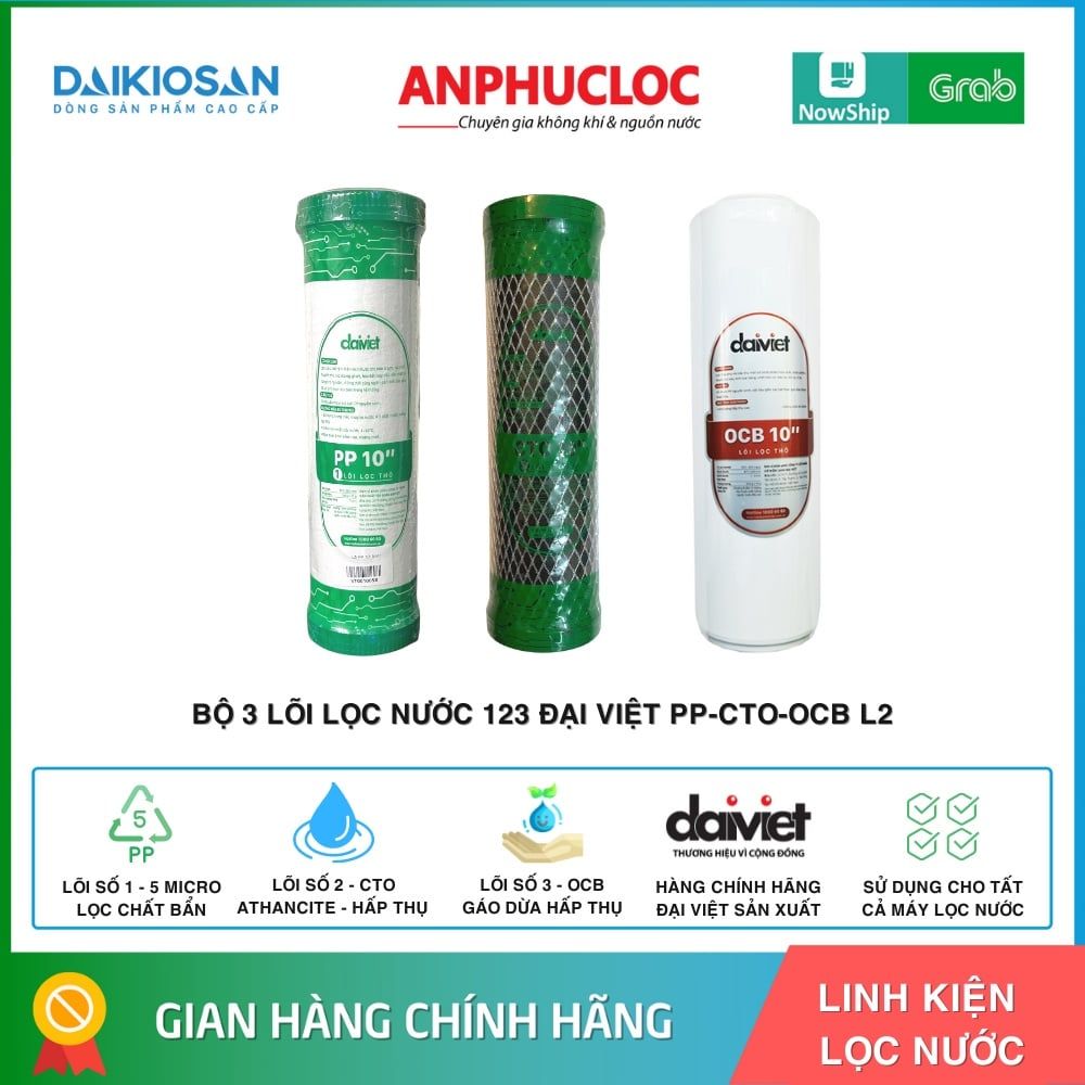 [CHÍNH HÃNG] LÕI LỌC NƯỚC 123 - COMBO 3 LÕI PP-OCB-CTO THAN ANTHANCITE - L2 DÙNG CHO MÁY LỌC NƯỚC DAIKIOSAN, KANGAROO