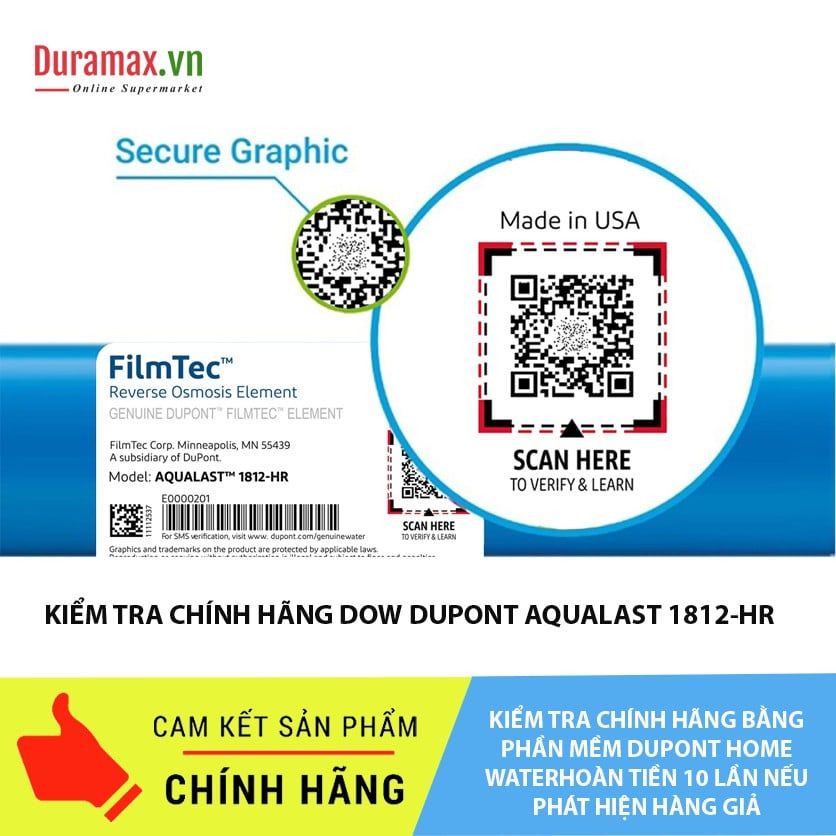 [CHÍNH HÃNG] Lõi lọc nước số 4 - Màng RO DUPONT (DOW) FILMTEC TW30-1812-50HR hiệu suất cao