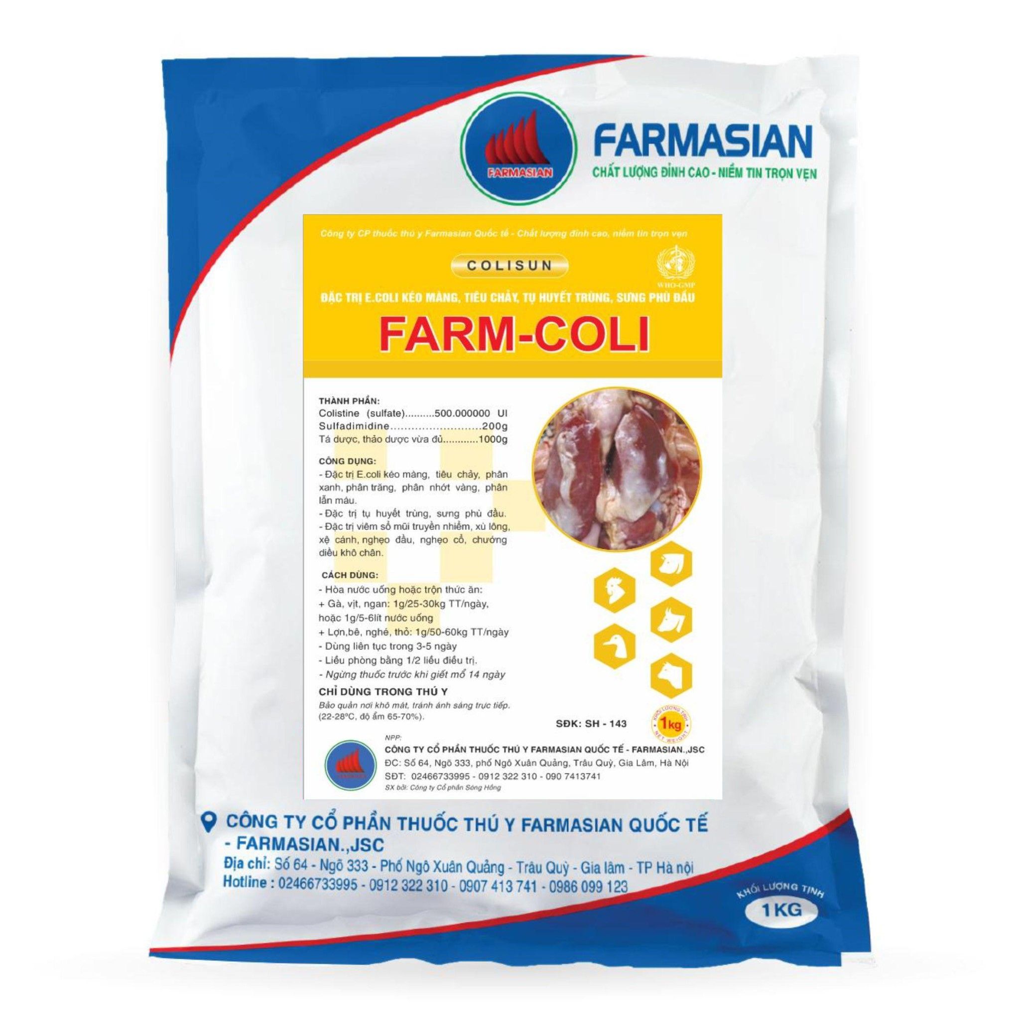 FARM-COLI (Đặc trị E Coli kéo màng, tiêu chảy, tụ huyết trùng, sưng phù dầu)