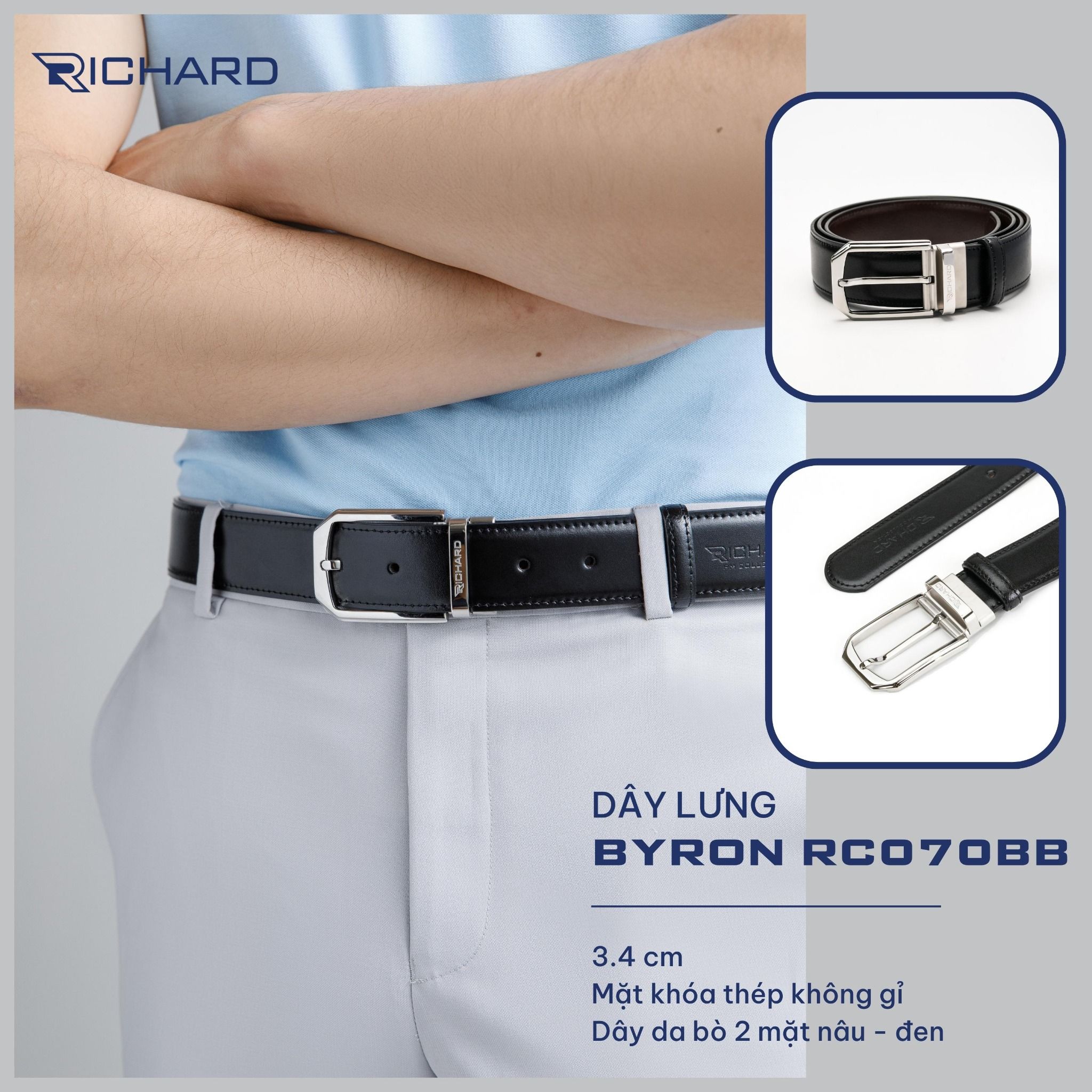 Dây lưng nam da bò cao cấp Richard RC070 ( Mặt khoá thép không gỉ sang trọng)