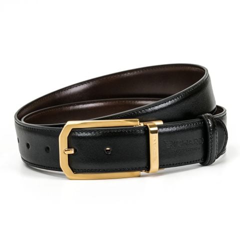 Dây thắt lưng nam da bò hai mặt nâu/đen 3.4cm khoá kim Richard RC079AB