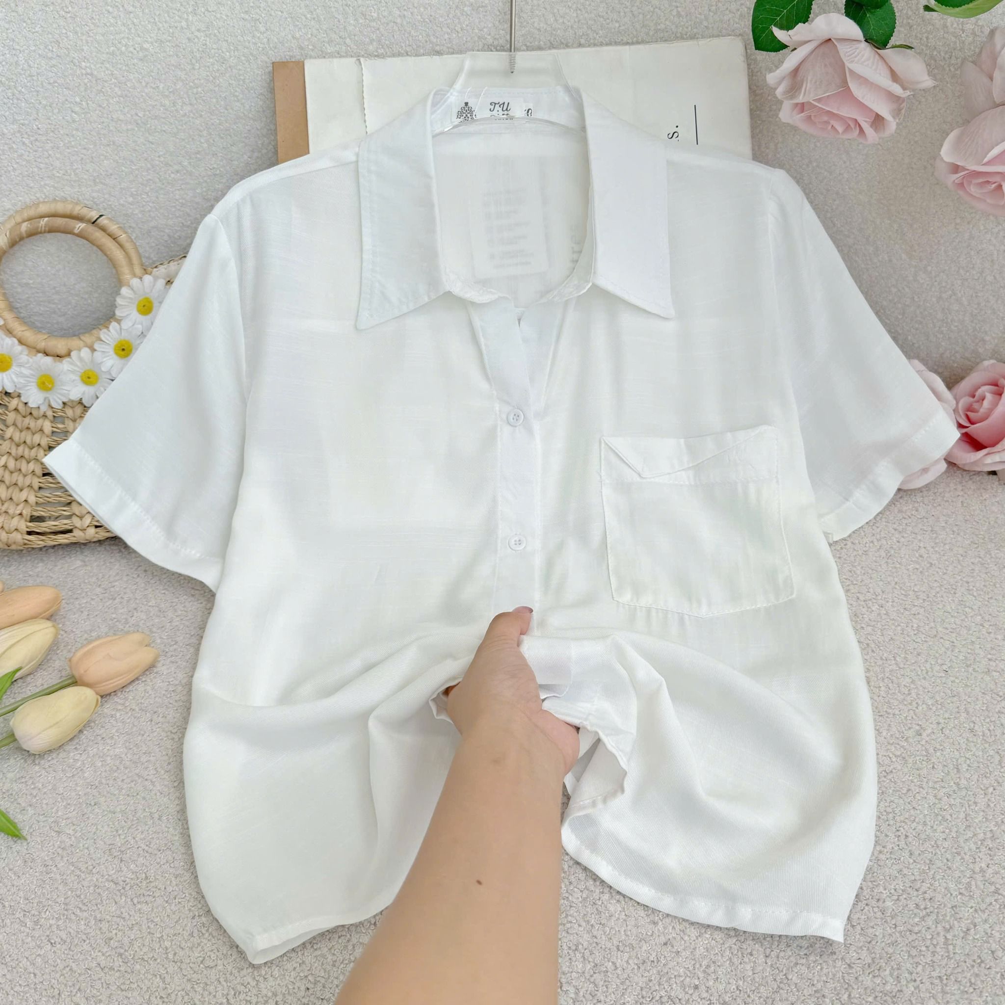 Áo Sơ Mi Tay Ngắn Có Túi Linen Xớ Gỗ Phù Hợp Đi Làm Thiết Kế TuTu Store Dành Cho Nữ -Mã A514
