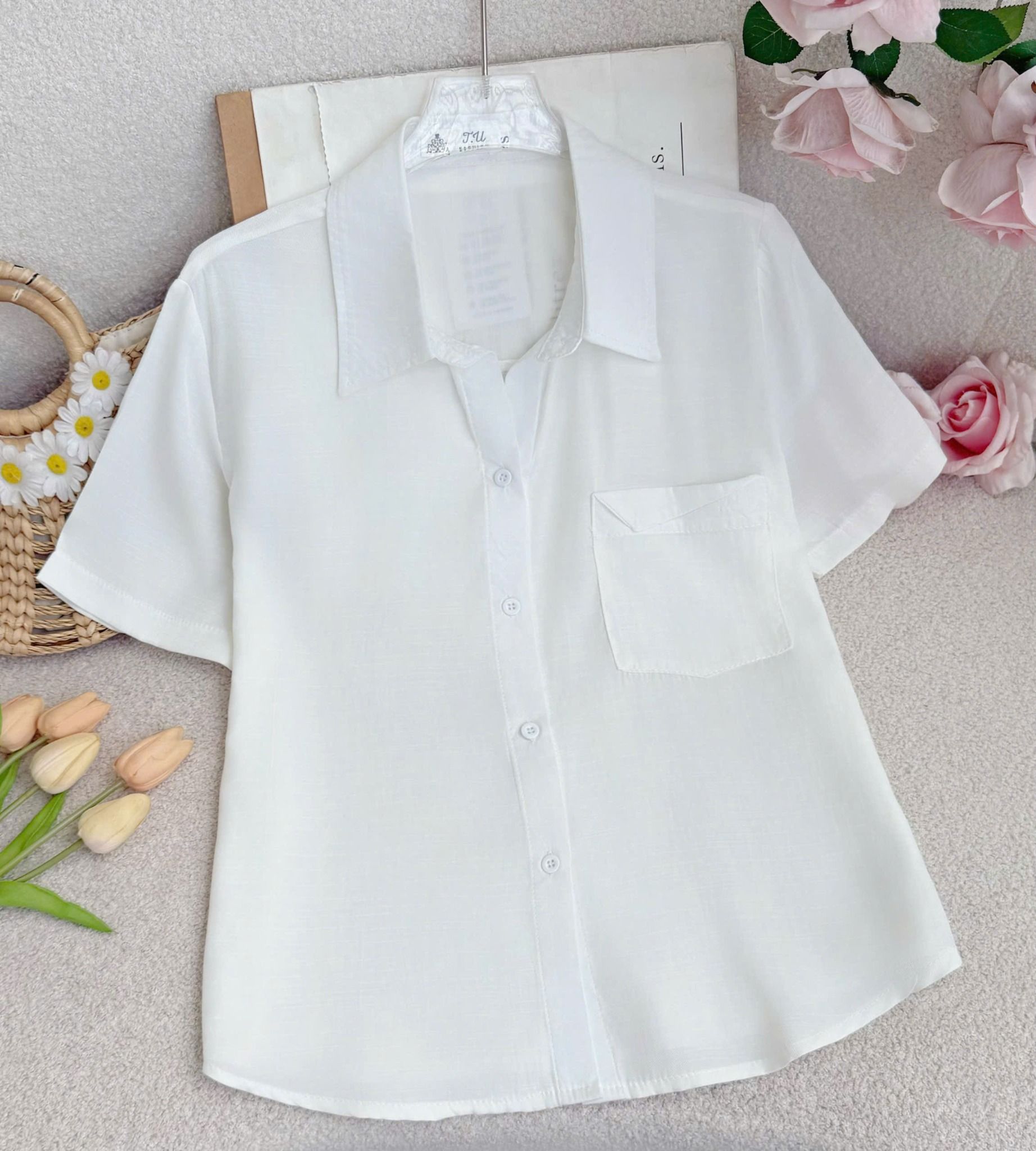 Áo Sơ Mi Tay Ngắn Có Túi Linen Xớ Gỗ Phù Hợp Đi Làm Thiết Kế TuTu Store Dành Cho Nữ -Mã A514