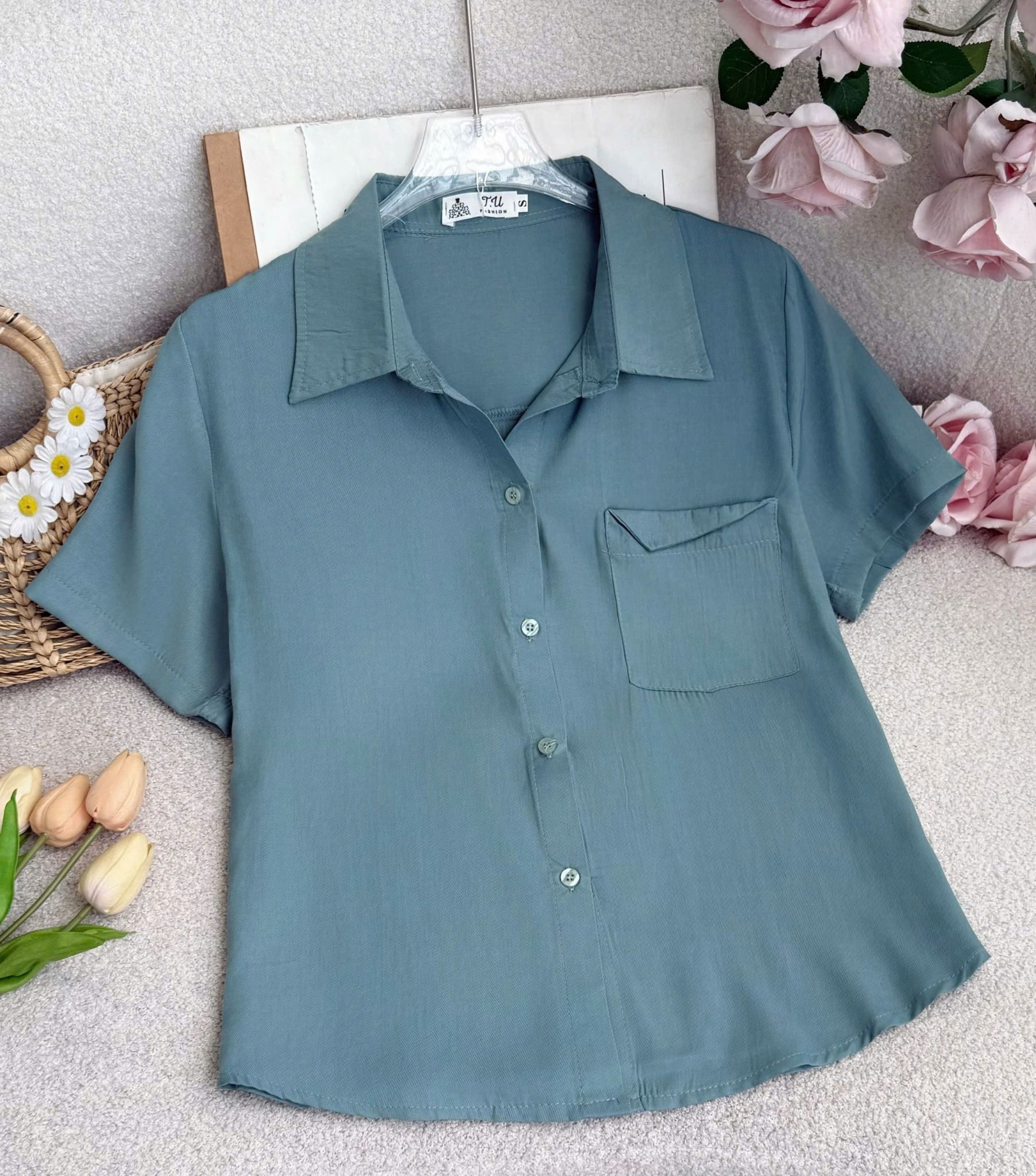 Áo Sơ Mi Tay Ngắn Có Túi Linen Xớ Gỗ Phù Hợp Đi Làm Thiết Kế TuTu Store Dành Cho Nữ -Mã A514