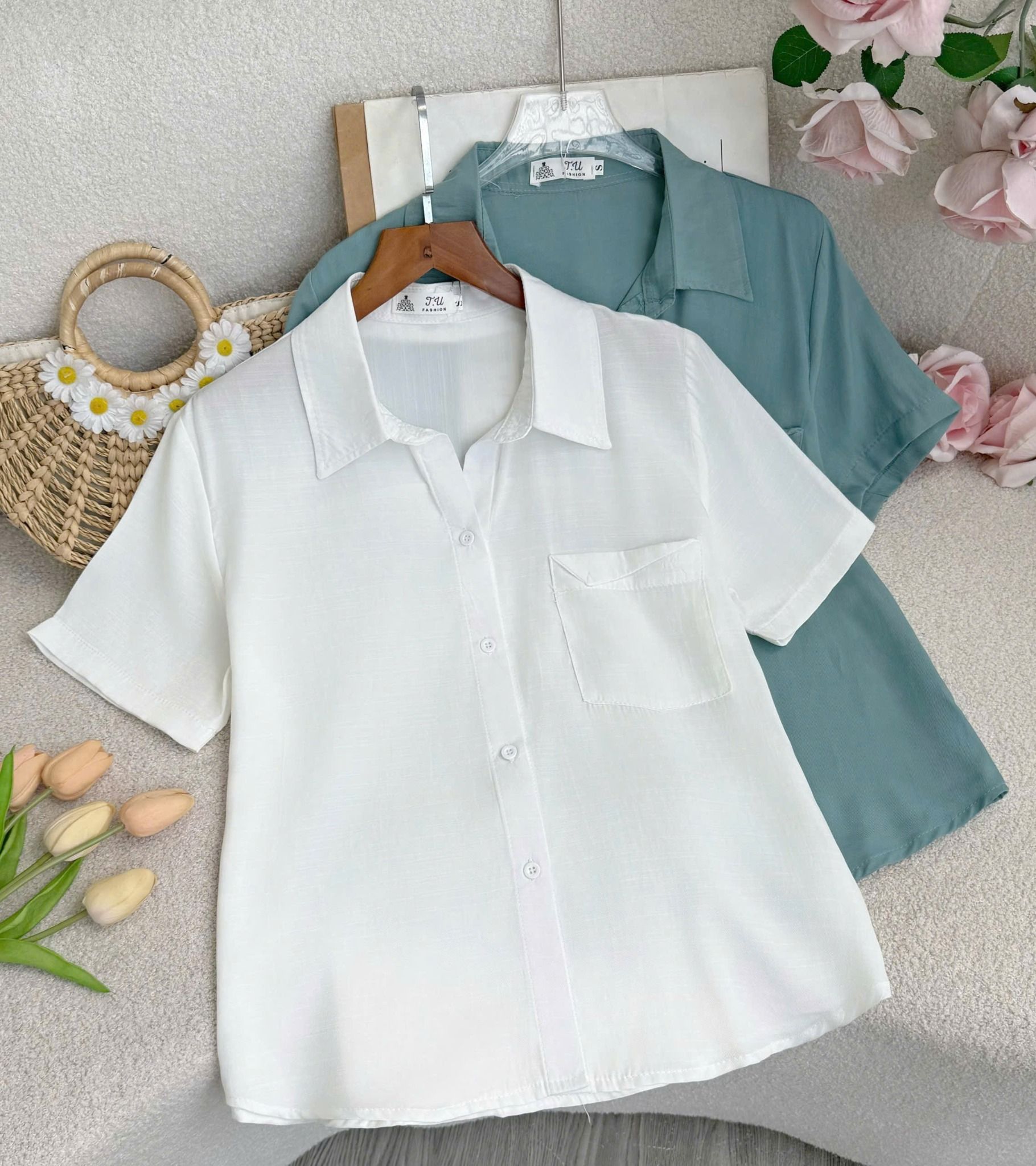 Áo Sơ Mi Tay Ngắn Có Túi Linen Xớ Gỗ Phù Hợp Đi Làm Thiết Kế TuTu Store Dành Cho Nữ -Mã A514