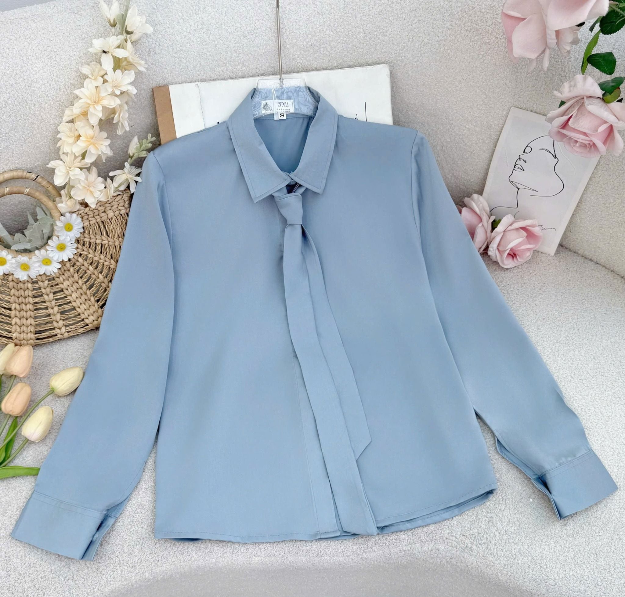 Áo Sơ Mi Lụa Hàn Châu Kèm Cà Vạt Phù Hợp Đi Làm Thiết Kế TuTu Store Dành Cho Nữ - Mã AS558