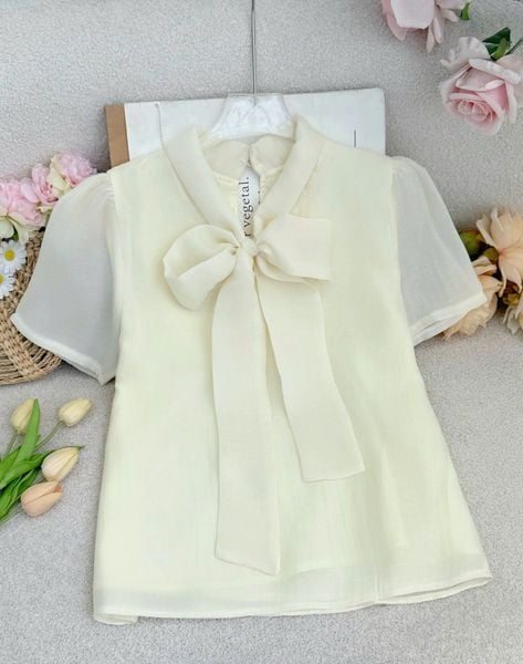 Áo Đũi Phồng Cổ Nơ Thiết Kế TuTu Store Phù Hợp Đi Làm Dành Cho Nữ - Mã AS576