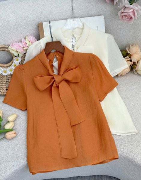 Áo Đũi Phồng Cổ Nơ Thiết Kế TuTu Store Phù Hợp Đi Làm Dành Cho Nữ - Mã AS576