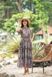  Đầm cổ yếm cột 3 tầng - in hoa D676 