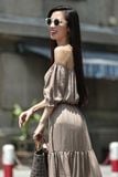  Đầm trễ vai lụa - Nâu D718 