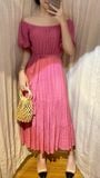  Gracie Dress - Đầm xô lụa trễ vai hồng D69 