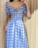  Chloe Dress -  Đầm nhún ngực caro trắng xanh -  D15 