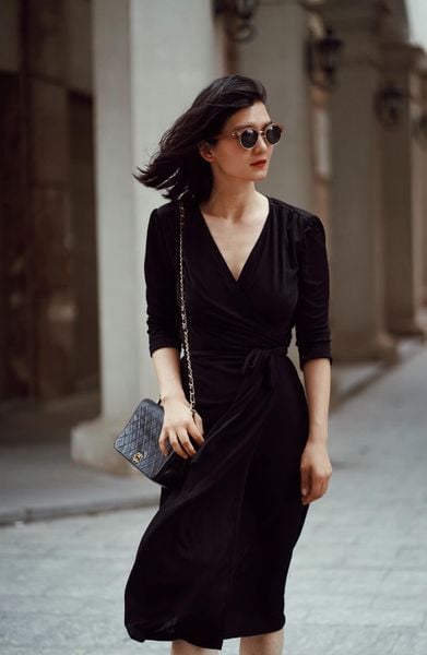 Amina Dress - Đầm thun đen tay lửng vạt chéo D170 