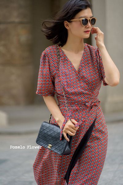  Sophia Dress - Đầm chéo vạt họa tiết ô vuông đỏ D192 