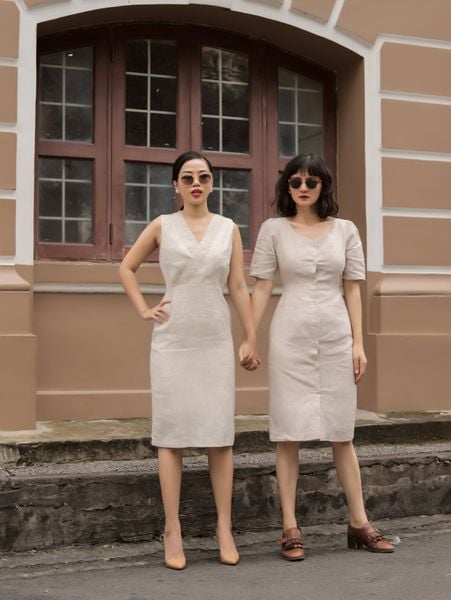  Đầm linen nút 2 túi D116 
