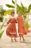  Evangeline Dress - Đầm xô lụa trễ vai nâu D62 D514 