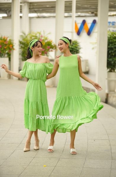  Ana Dress - Đầm xô lụa trễ vai xanh lá D57 