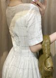  Kelly Dress - Đầm linen trắng kẻ ô kín lưng D108 