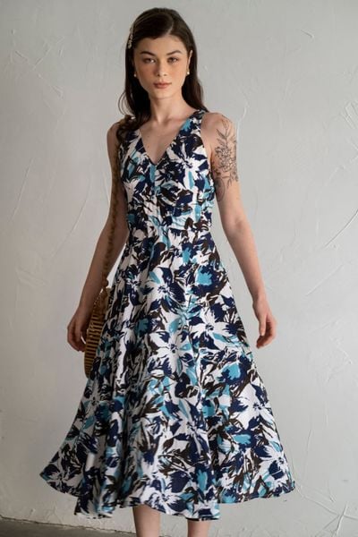  Hanna Dress - Đầm hoạ tiết sát nách, cổ v dáng xòe - D017 