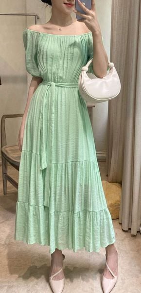  Ana Dress - Đầm xô lụa trễ vai xanh lá D57 