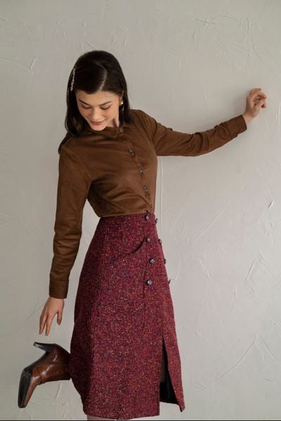  Chân váy tweed dài hai hàng cúc C35 C36 