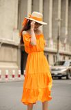  Harlow Dress - Đầm xô lụa trễ vai cam D63 
