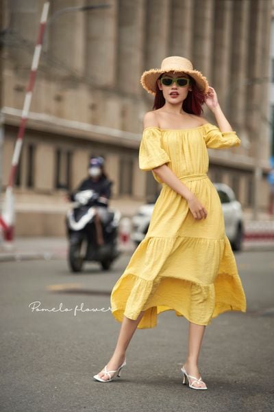  Winnie Dress - Đầm xô lụa trễ vai vàng chanh - D610 