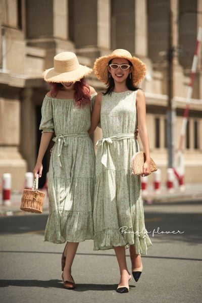  Kylie Dress - Đầm xô lụa sát nách xanh hoa nhí nâu - D614 