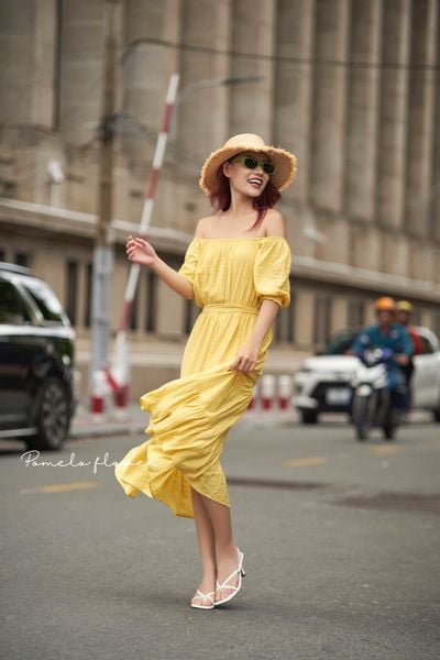  Winnie Dress - Đầm xô lụa trễ vai vàng chanh - D610 