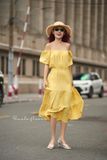 Winnie Dress - Đầm xô lụa trễ vai vàng chanh - D610 
