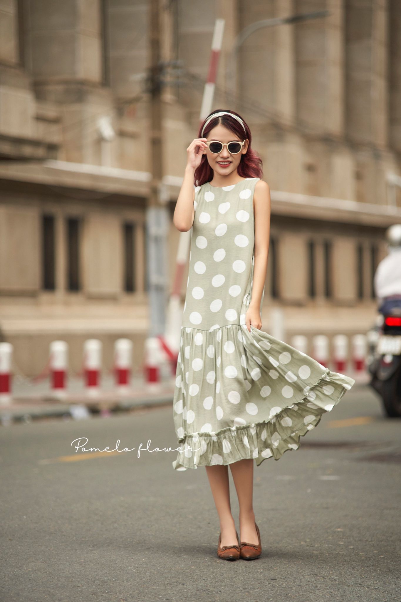  Amaya Dress - Đầm sát nách xô lụa chấm bi lớn - D617 