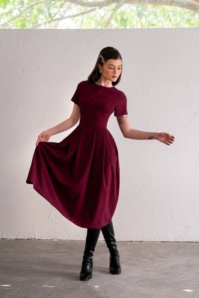  Bordeaux victoria dress - Đầm chữ A tay ngắn - POQ79 