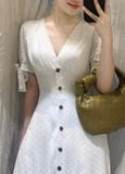  Juliana Dress - Đầm chấm bi cổ V, thắt nơ tay, có cúc D015 